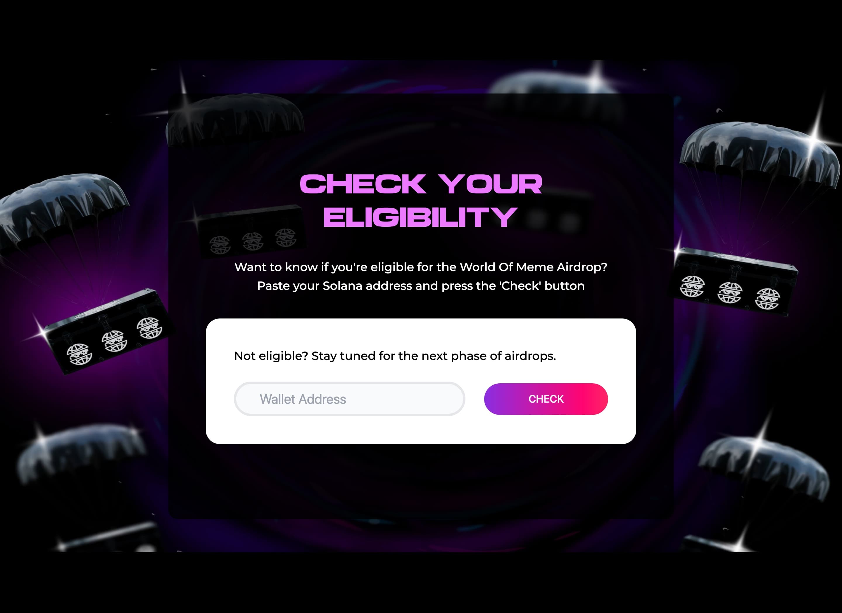 Airdrop eligibility checker with a wallet address field and a Check button, surrounded by floating parachute and treasure chest graphics