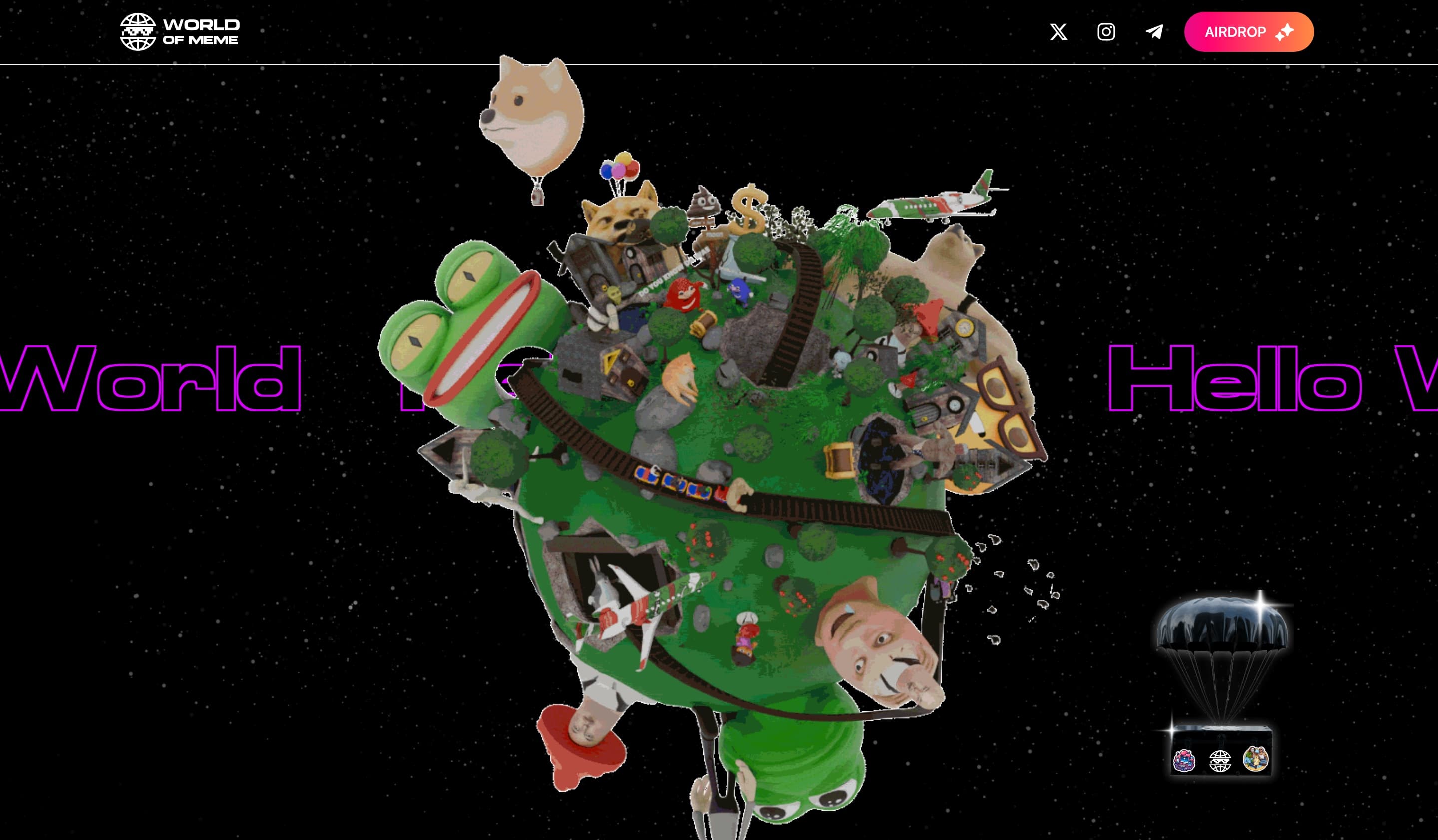 World of Meme landing page showing a 3D meme planet against a starfield, with the World Of Meme logo and an Airdrop call to action