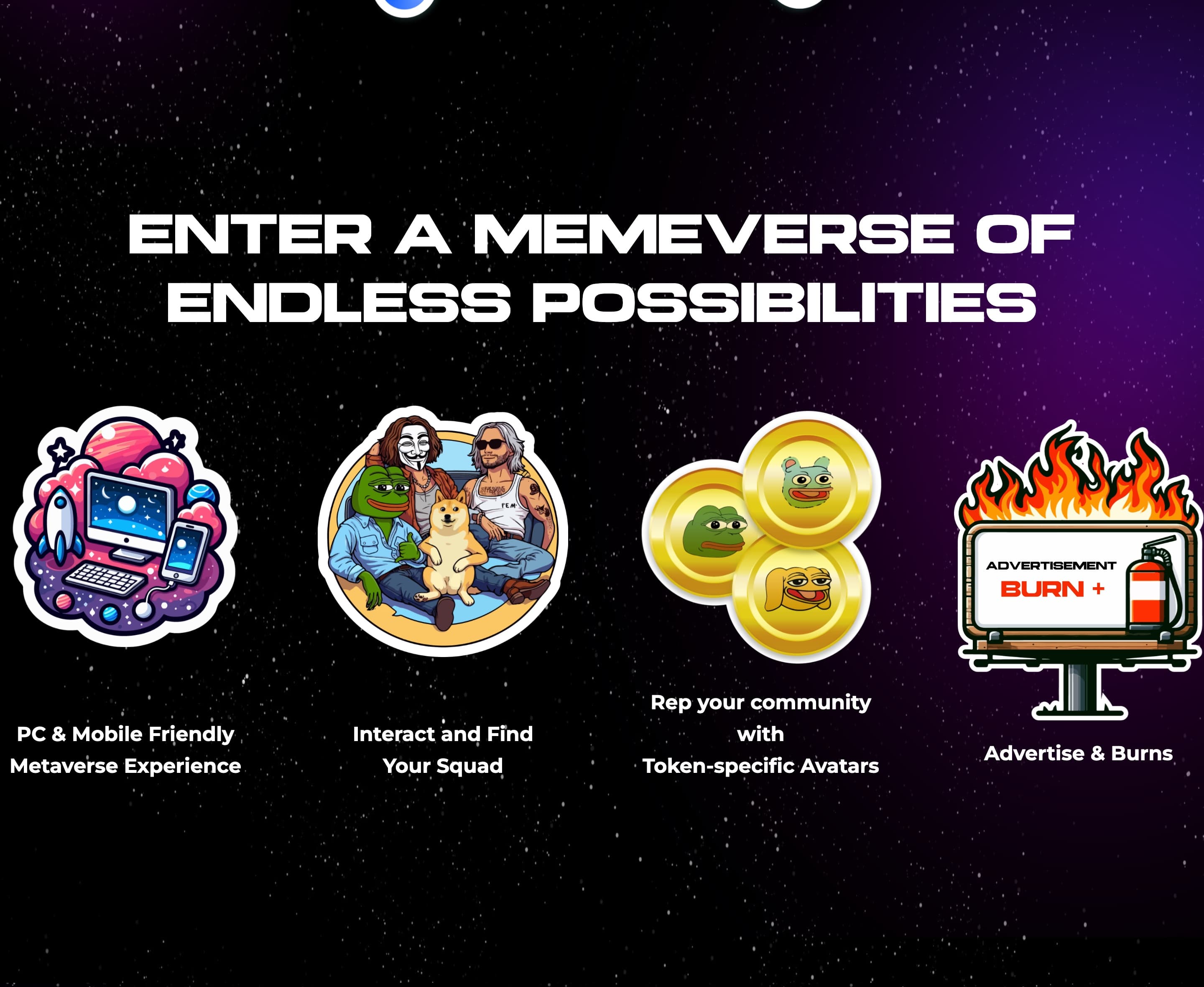 Feature row with four illustrated cards: PC and mobile friendly metaverse experience, interact and find your squad, token-specific avatars, and advertise and burns